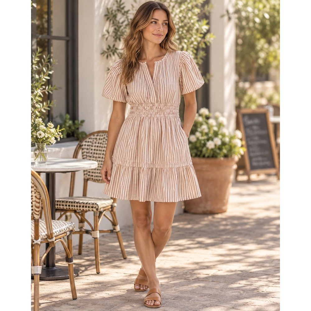 Quince Red Cream Striped Smocked Waist Cotton Poplin Mini Dress S Short Sleeve